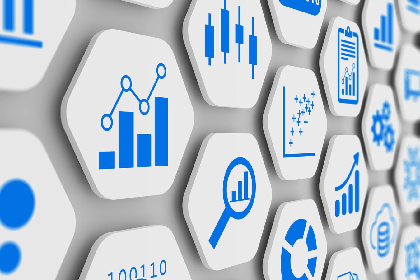 Hexagonal buttons with blue data analytics icons on a light gray background. Icons include bar charts, magnifying glass with a chart, pie charts, scatter plots, and binary code, representing various data analysis tools and statistical graphics.