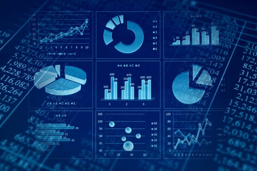 A grid of nine blue-tinted data visualizations includes bar graphs, pie charts, line graphs, and a scatter plot. Each chart displays various financial and statistical data, set against a background of numbers and abstract shapes.