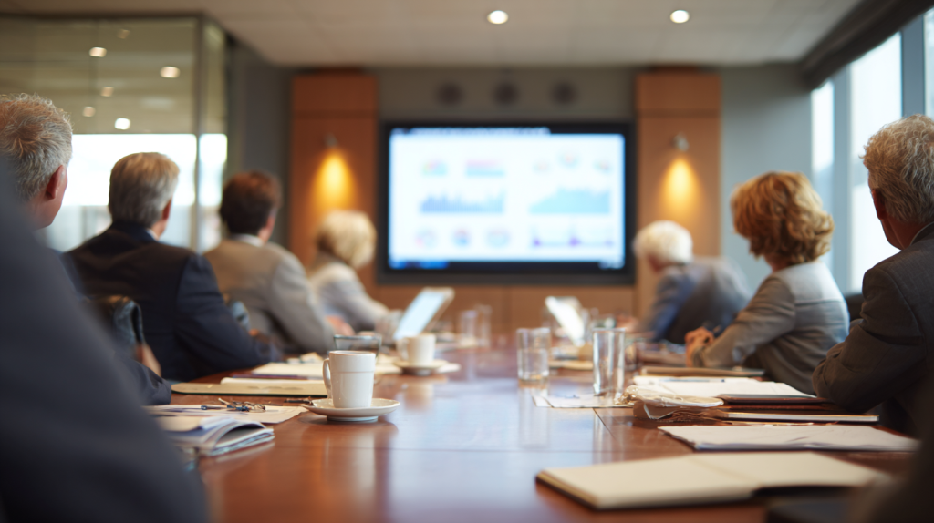 Healthcare executives reviewing reimbursement data during a payer negotiation meeting.