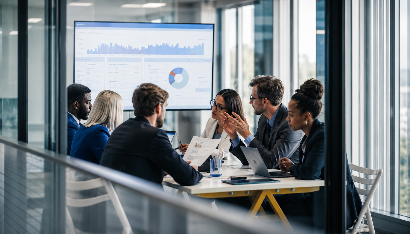 Healthcare executives reviewing healthcare data and market intelligence to support strategic planning and organizational decision-making.